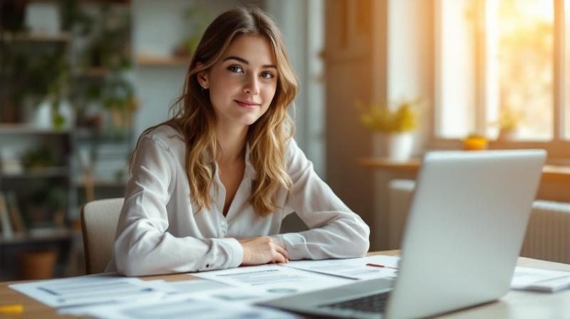 Junge Frau Ende 20 am Schreibtisch mit Abiturzeugnis und Arbeitszeugnissen, klarer Blick