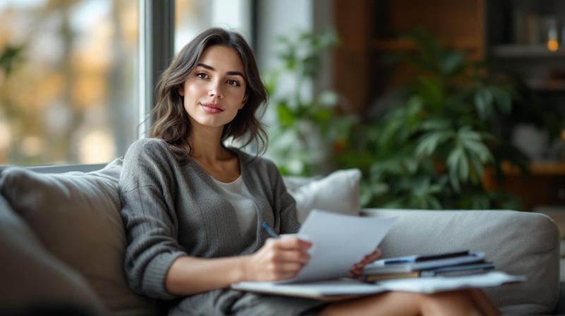 Frau sitzt auf Sofa mit Kaffee und Lernunterlagen, ruhige Nachmittagsstimmung