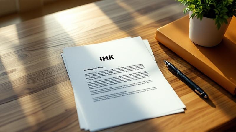 IHK-Bescheid auf einem Schreibtisch, amtliches Schreiben, daneben Ordner und Stift