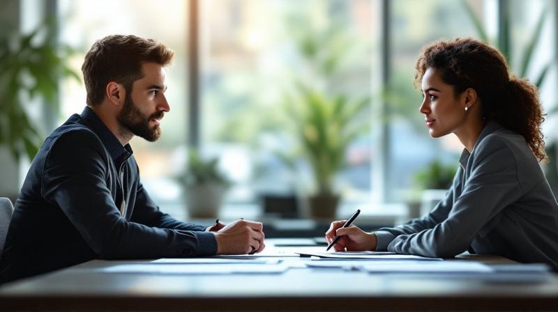 Person sitzt einem Gegenüber am Schreibtisch gegenüber, Dokumente zwischen ihnen, Bürobeleuchtung