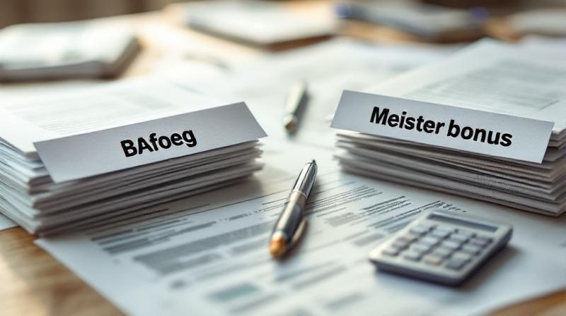 Zwei Stapel Dokumente, Aufstiegs-BAföG und Meisterbonus, mit Stift und Taschenrechner daneben