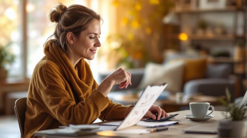 Frau am Schreibtisch mit Notizblock und Taschenrechner, berechnet Förderanteile, neben ihr aufgeklappte Formulare