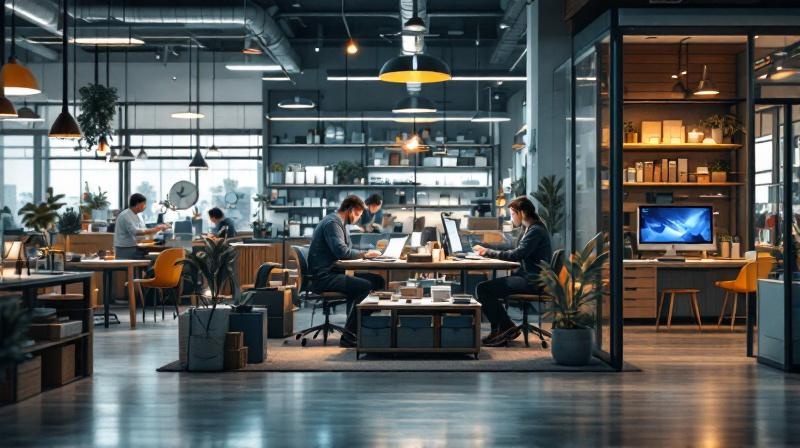 Diverse Bürosituation mit Menschen in unterschiedlichen Branchen am Schreibtisch
