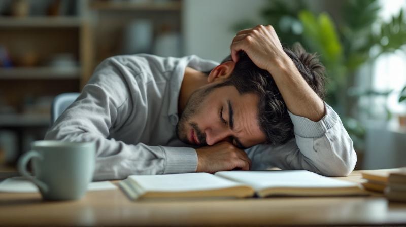 Erschöpfte Person mit Kopf in der Hand an einem Schreibtisch, abgelegtes Buch neben der Tasse