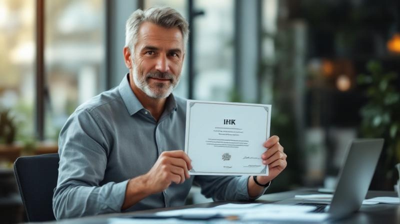 Mann Mitte 40 hält IHK-Prüfungszeugnis in der Hand, lächelt verhalten, im Hintergrund Schreibtisch mit offenen Dokumenten