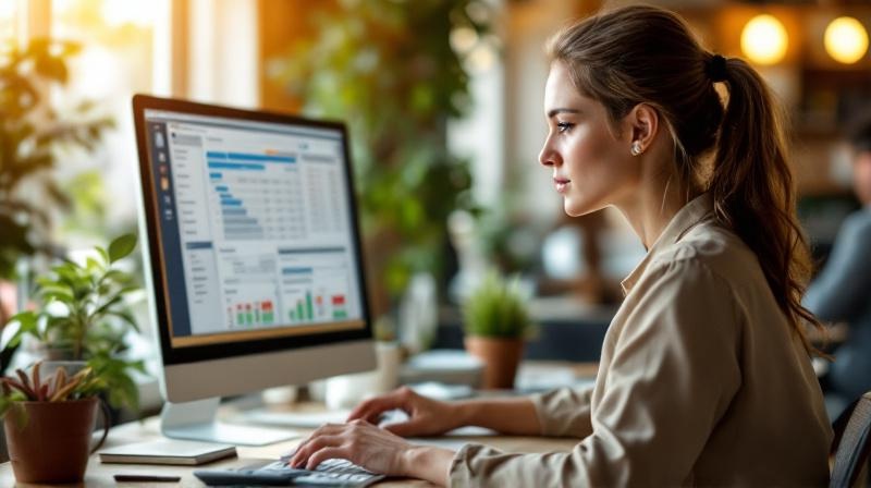 Frau Mitte 30 im Großraumbüro an einem Schreibtisch, Monitor mit Tabellen, konzentrierter Blick