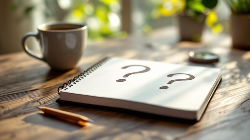 Fragezeichen auf einem weißen Notizblock neben einem Bleistift und einem Kaffeebecher
