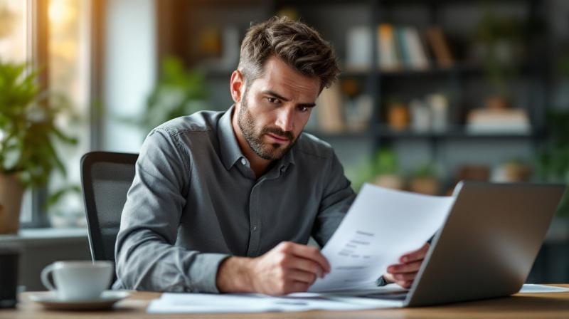 Berufstätiger in den Dreißigern am Schreibtisch mit Gehaltsabrechnung und Laptop, nachdenklicher Blick