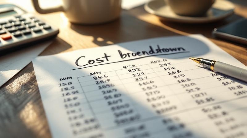 Fertige Kostenaufstellung auf Papier mit allen Positionen, Stift und Tasse Kaffee daneben