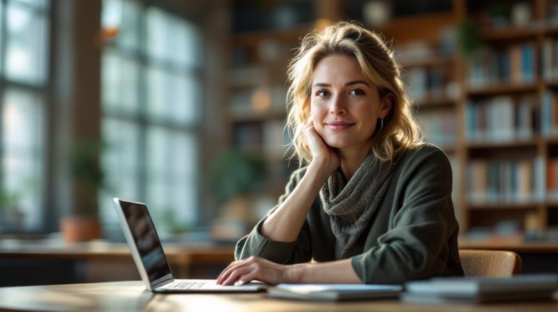 Universitätsbibliothek mit einer Frau die an einem Schreibtisch über Büchern und einem Laptop sitzt