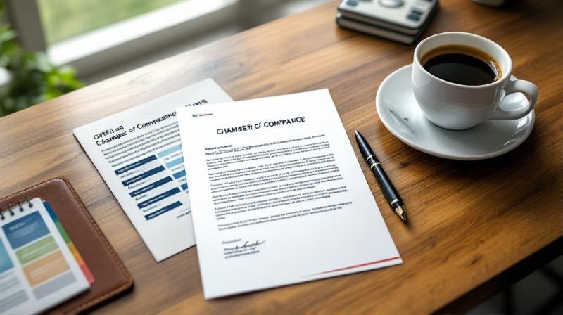 Offizielles Schreiben der IHK auf dem Schreibtisch, ein Stift und eine Kaffeetasse