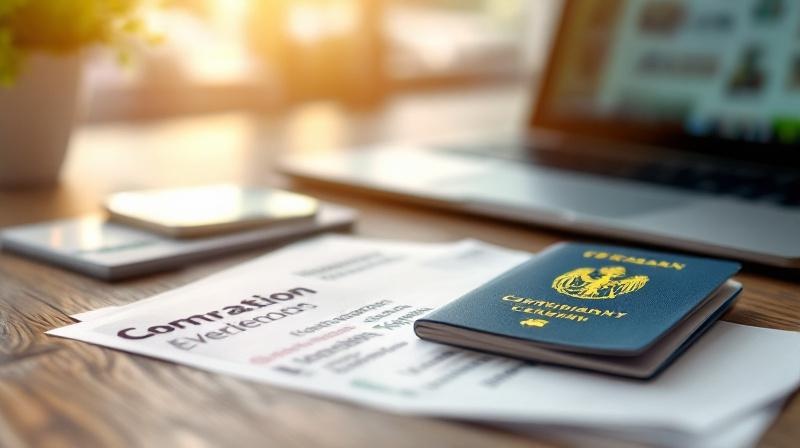 Aufgeschlagener Reisepass mit Visitenkarten aus verschiedenen Ländern auf einem Schreibtisch