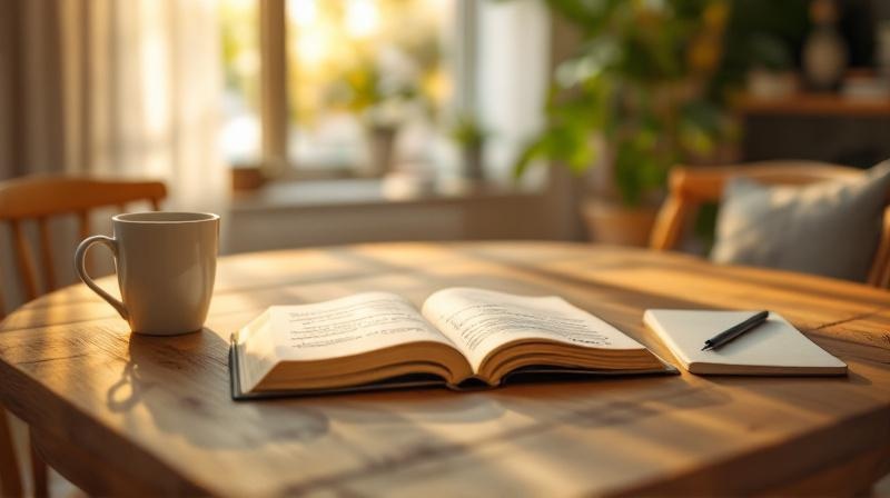 Offenes Lehrbuch, Notizen und Kaffee auf einem Holztisch in einem hellen Wohnzimmer am Samstagmorgen
