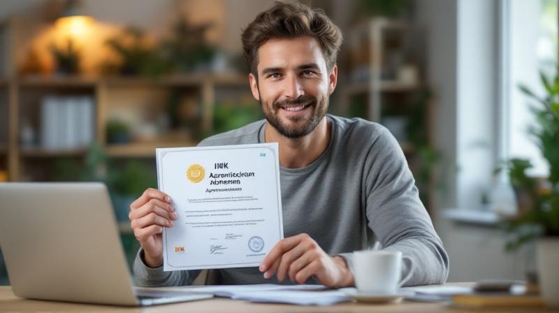 Mann Ende 20 mit Ausbildungszeugnis am Schreibtisch, leichtes Lächeln, Tasse Kaffee