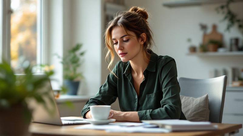 Frau Ende 30 am Bürotisch mit Steuerunterlagen, Rechnungen und Laptop, konzentriertes Arbeiten