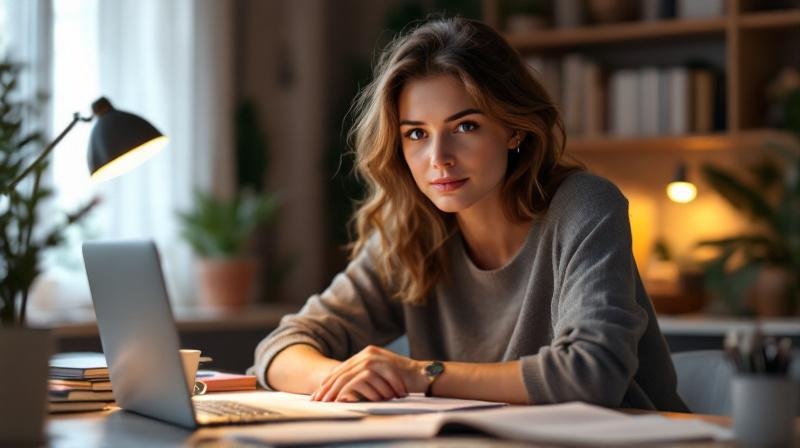 Junge Berufstätige liest Fachbuch am Schreibtisch, Laptop und Kaffeetasse daneben, warmes Abendlicht