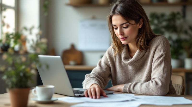 Frau Mitte 30 am Küchentisch mit Laptop und Arbeitsvertrag, Kaffeetasse und Kalender, ruhige Atmosphäre