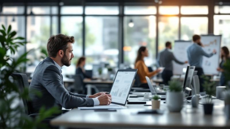 Büroszene mit verschiedenen Schreibtischen, Menschen in unterschiedlichen Rollen bei der Arbeit