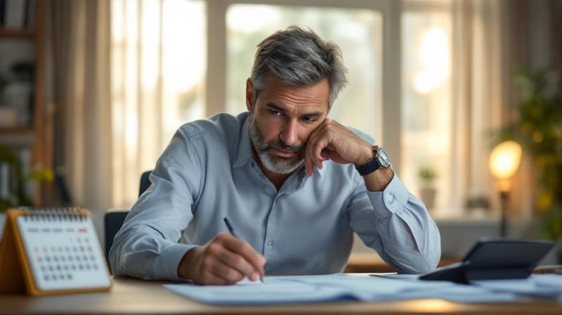 Person am Schreibtisch mit Kalender und Rechner, plant finanzielle Auszahlungspunkte