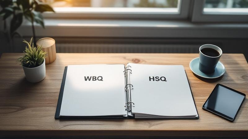 Reihe von zwei Ordnern WBQ und HSQ auf einem Schreibtisch, daneben Kaffeetasse und Tablet