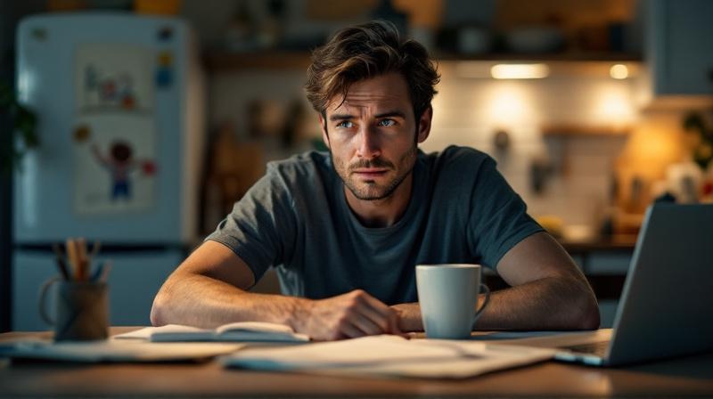 Elternteil am Küchentisch mit Laptop, Fachbüchern und einem Kaffee, Kinderzeichnung am Kühlschrank im Hintergrund