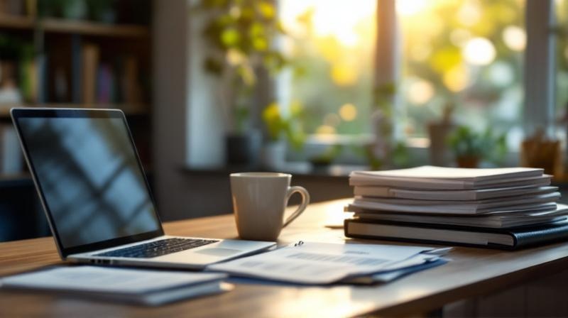 Schreibtisch eines Selbstständigen mit Laptop, Kaffee und Ordnern in einem Home-Office