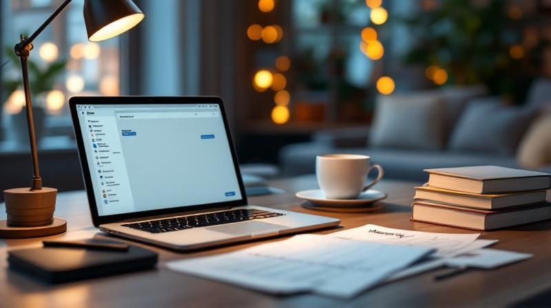 Home-Office mit Laptop, Kurs-Unterlagen und Lehrbüchern für Betriebswirtschaft