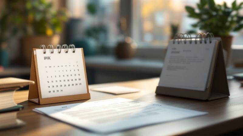 Schreibtisch mit IHK-Bescheid, Kalender und Lehrbuch, ruhige Morgenbeleuchtung