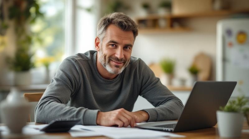 Berufstätiger Mann sitzt mit Taschenrechner und Antragsformularen am Esstisch, im Hintergrund Familienleben angedeutet