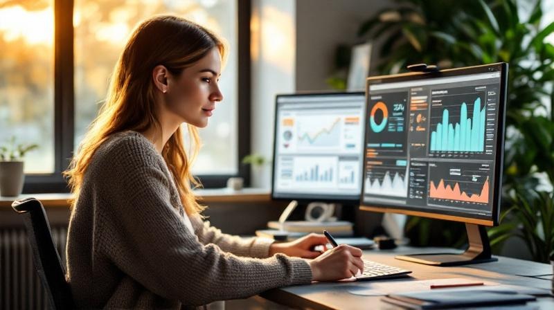 Marketing-Fachkraft vor einem Monitor mit Kampagnen-Dashboard und Notizen