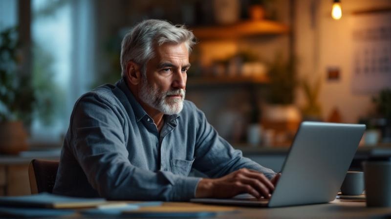 Mann Mitte 40 am Küchentisch mit Unterlagen und Kalender, reflektiertes Gesicht