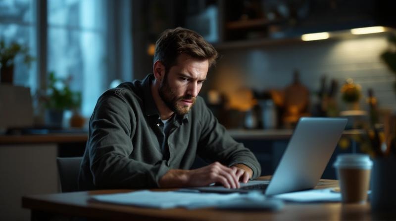 Berufstätiger Mann Mitte 30 sitzt abends am Küchentisch mit Laptop und Notizen, Kaffeetasse daneben, müde aber konzentriert