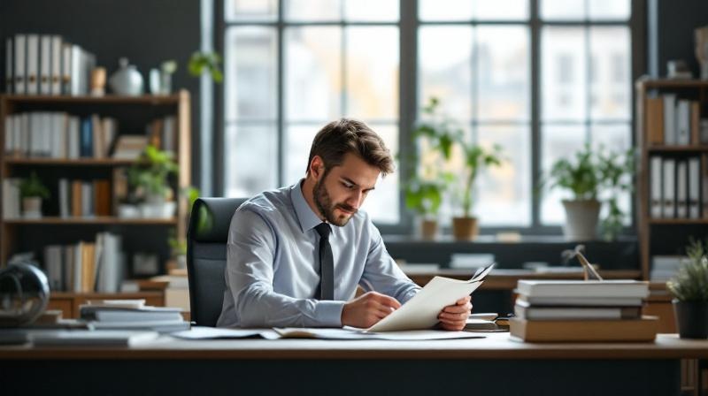 Verwaltungsgebäude und Schreibtisch mit Akten und Laptop in einem öffentlichen Büro