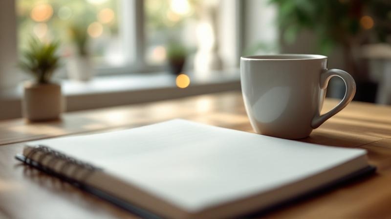 Geschlossenes Notizbuch und ein Kaffeebecher auf einem Holztisch, Fensterlicht im Hintergrund