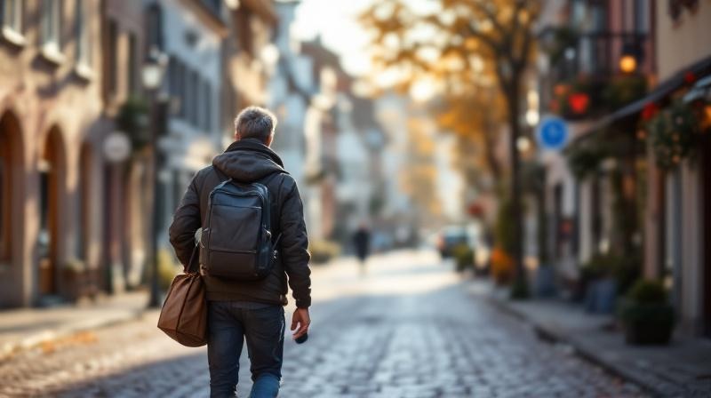 Saarländische Stadtstraße mit Altbauten, Passant mit Tasche am Morgen