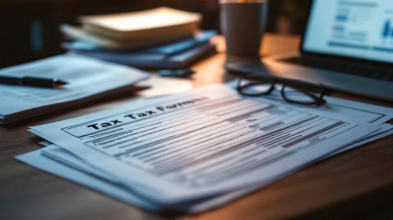 Schreibtisch mit Steuerformular, Quittungen und Laptop, Taschenrechner daneben