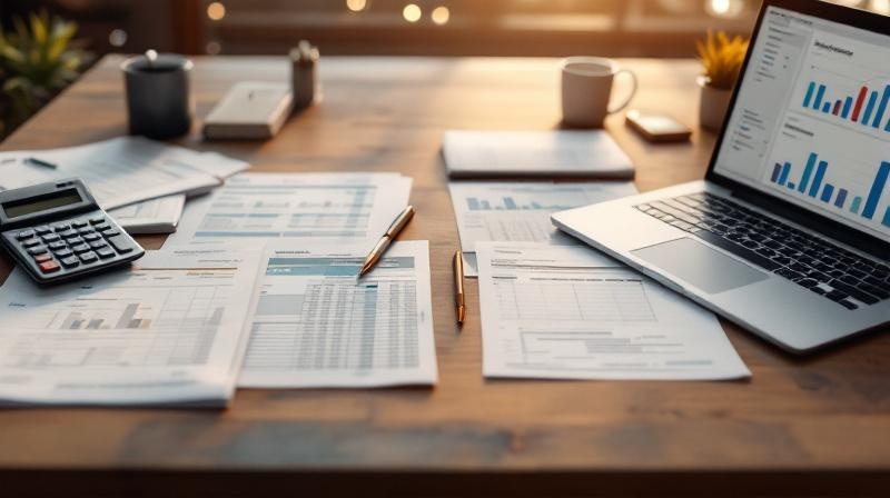 Schreibtisch mit Taschenrechner, Bilanzunterlagen links und Führungsunterlagen rechts