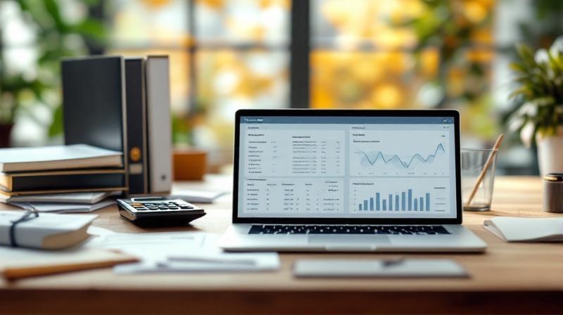 Schreibtisch mit kaufmännischen Unterlagen links und Laptop mit Dashboard rechts