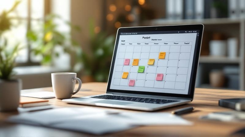 Aufgeräumter Arbeitsplatz mit Kalender, Laptop und Projektunterlagen