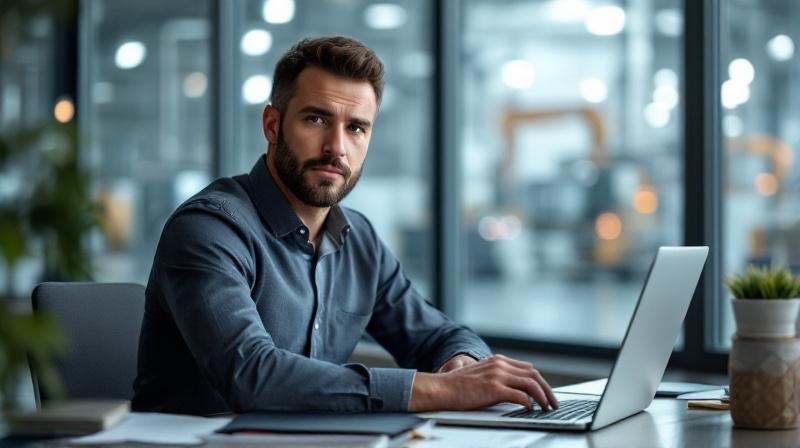 Arbeiter mit Laptop in einer modernen Produktionshalle, im Hintergrund Maschinen