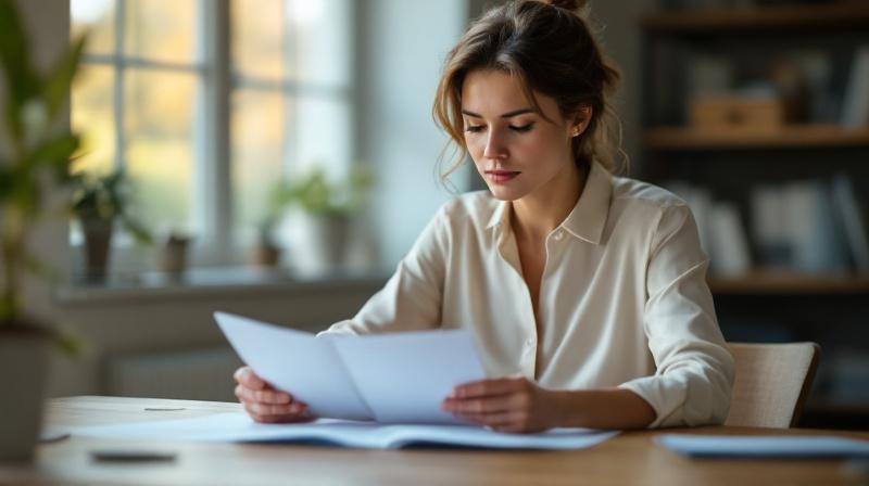 Frau Mitte 30 am Schreibtisch vergleicht zwei Aktenordner, konzentrierter Blick, warmes Tageslicht